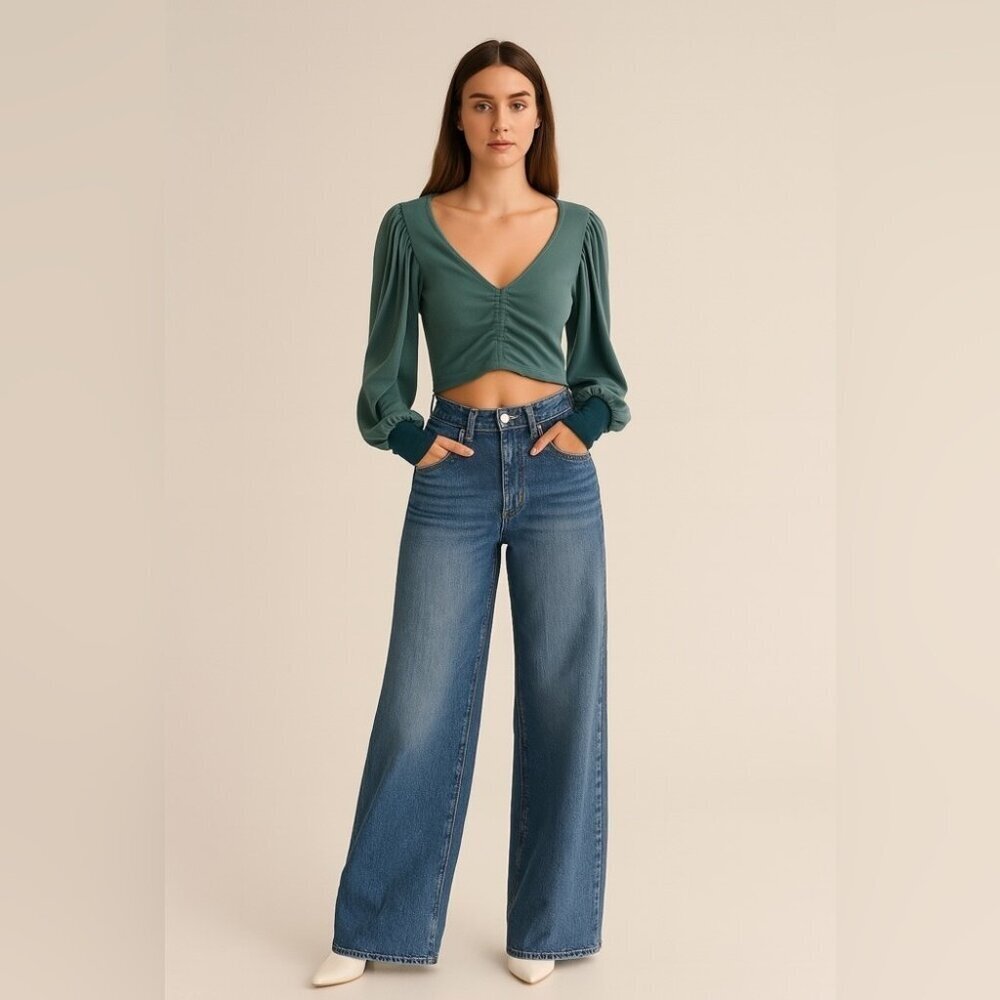 Intimately Free People Green Puff Sleeve Modal Ruched Front Crop Top Size XS